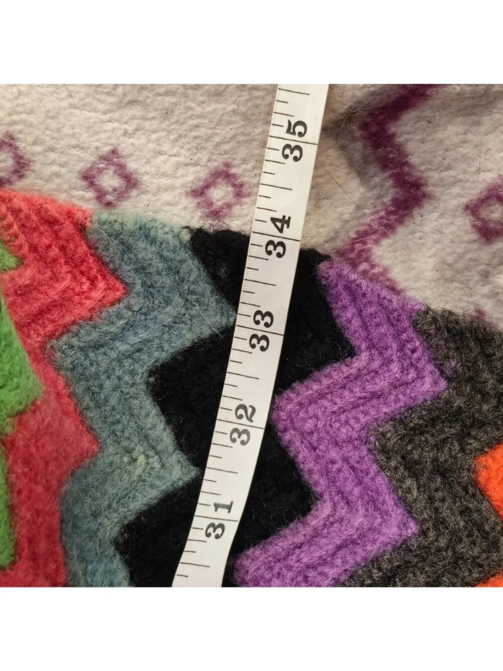 Vintage 1970s Wool Blend Rainbow Chevron Zigzag Knitted Throw Blanket 59